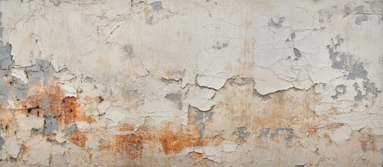 Obraz premium Weathered wall texture featuring cracked and peeling paint in shades of gray and orange, ideal for background and copy space applications.