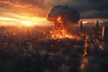 Fototapeta premium Apocalyptic City Destroyed by Nuclear Explosion at Sunset
