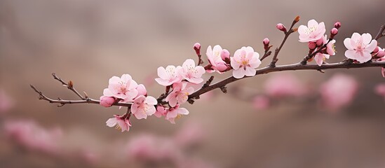 Fototapeta premium Delicate pink almond tree blossoms branch extending across the image with earthy brown blurred background creating a tranquil copy space.