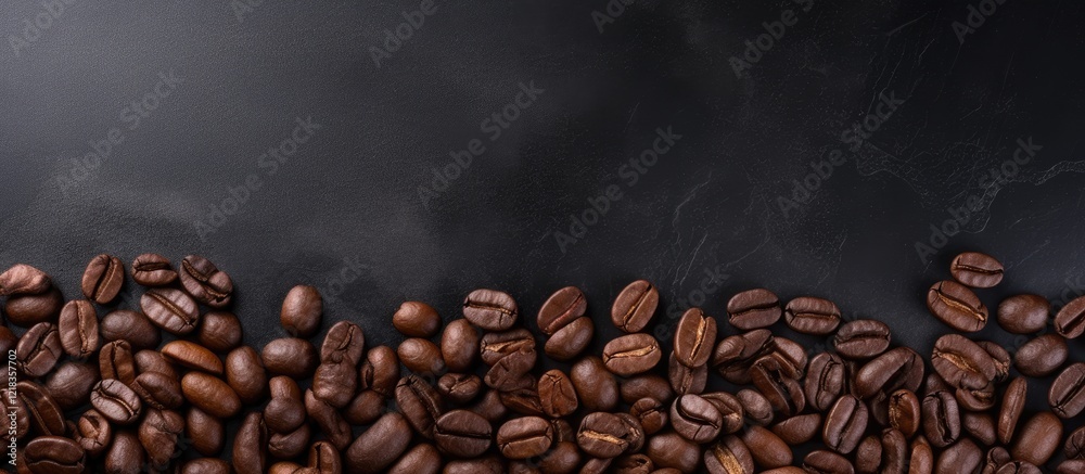 Poster Close up of roasted coffee beans on a textured dark slate background with a subtle gradient, positioned along the bottom edge for copy space.