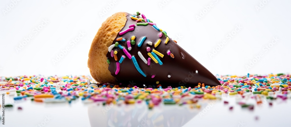 Poster chocolate covered cone with colorful sprinkles tilted on a white surface surrounded by scattered vib