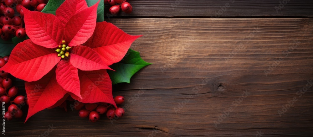 Aufkleber red christmas poinsettia flower with green leaves and red berries positioned on the left against a d