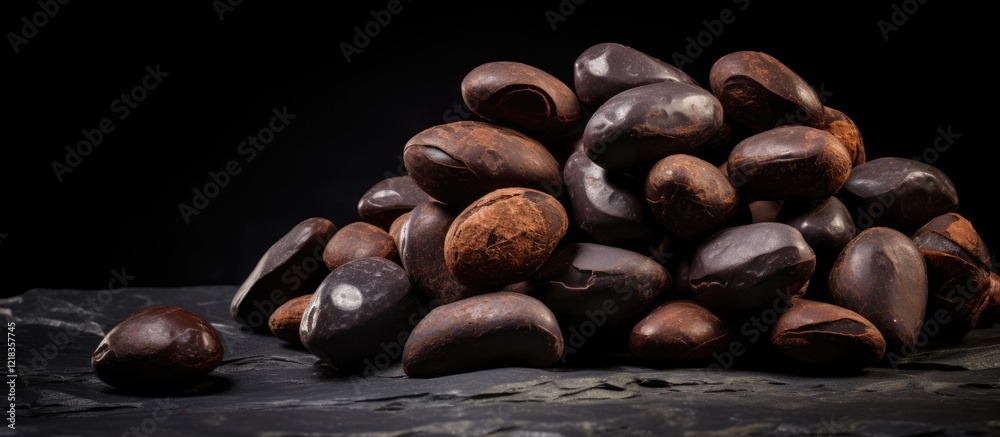 Poster dark chocolate covered nuts piled on a textured stone surface against a deep black background highli