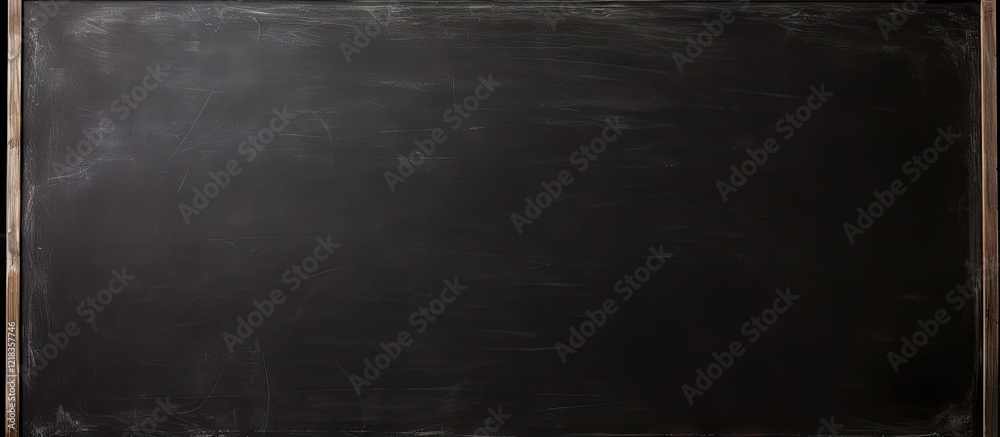 Aufkleber Black chalkboard background with a wooden frame at the top and bottom. No writing or drawings, creating a clean and minimalistic appearance.