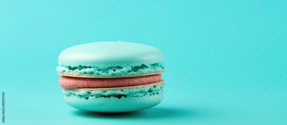 Poster closeup of a turquoise macaroon with a pink filling positioned to the right on a vivid turquoise bac