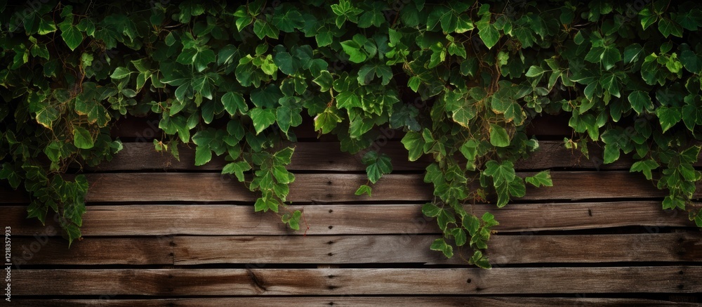 Poster Lush green climbing vines cascading over an old wooden fence with a dark background, creating a natural frame and copy space at the center.