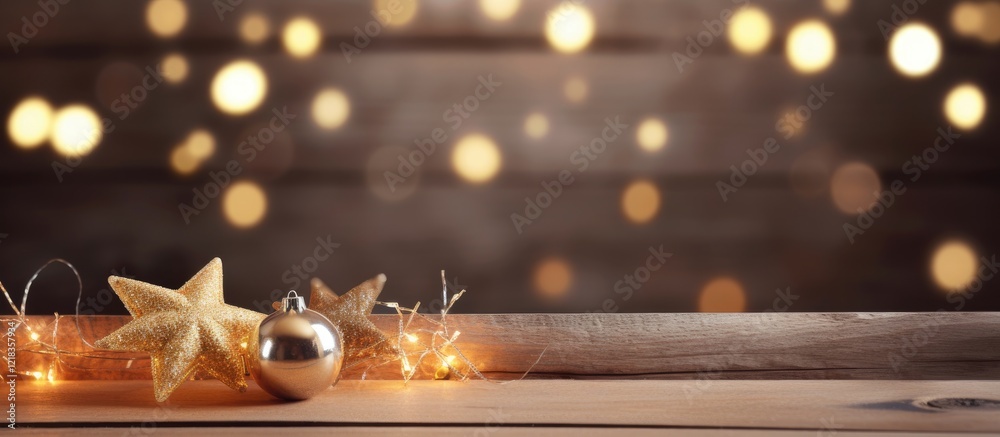 Poster christmas decor featuring gold stars and a shiny silver ornament rests on a wooden desk with a soft 