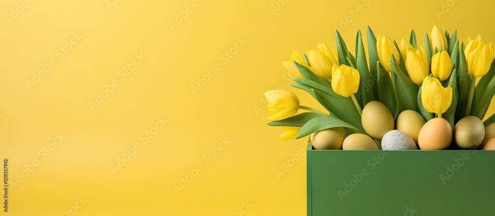 Poster vibrant yellow tulips in a green box with decorative eggs against a soft yellow background creating 