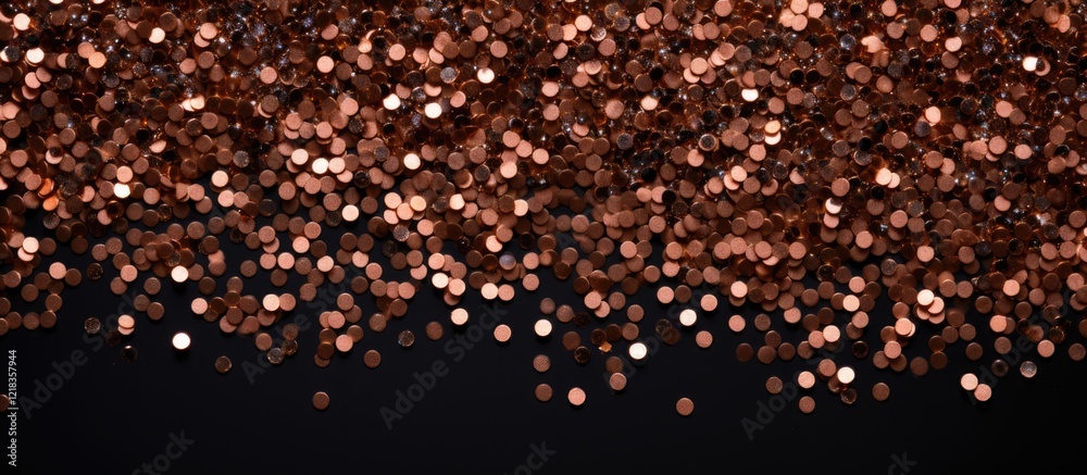 Aufkleber top down view of rose gold glitter scattered against a solid black background, highlighting a shimme
