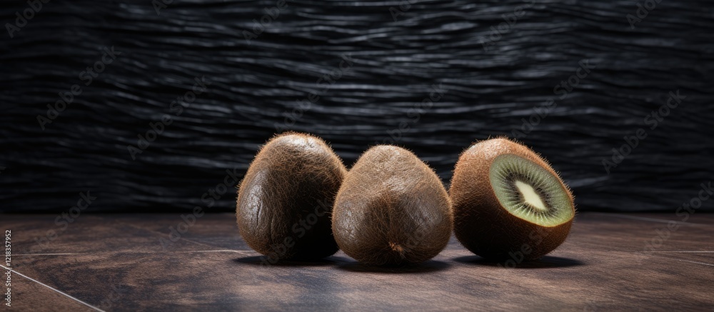 Poster three kiwis on a wooden board with a dark stone floor in the background and a textured marble wall c