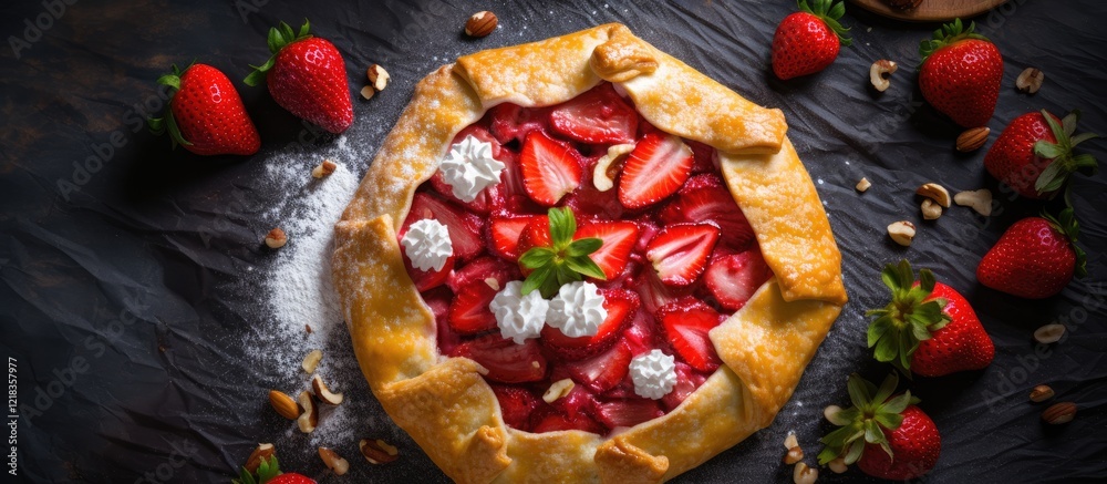Poster homemade galette with fresh strawberries and nut cream on a dark slate background surrounded by stra