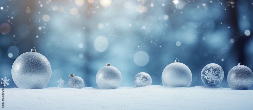 Poster Winter wonderland background showcasing shimmering silver ornaments on soft snow with a blurred blue backdrop and sparkling bokeh effects.