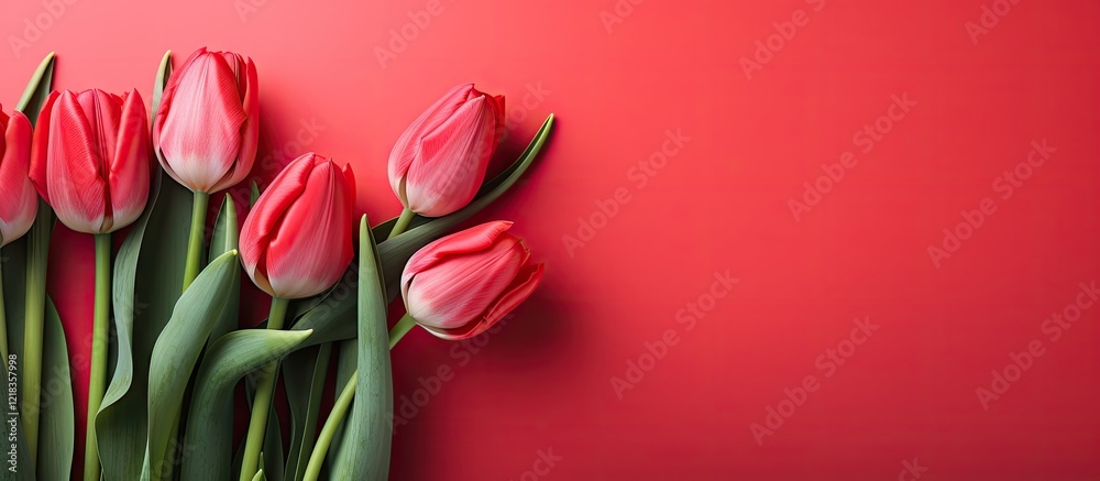 Poster pink tulips arranged diagonally on a vibrant red background with soft lighting, showcasing vivid col
