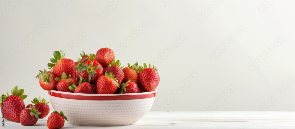 Poster fresh ripe strawberries in a white bowl on a light-colored table, with ample blank space on the righ