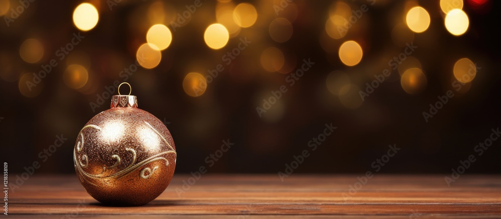 Poster golden christmas ornament on wooden surface with blurred warm bokeh lights in the background creatin
