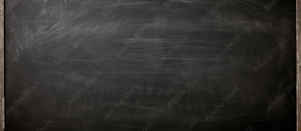 Poster Empty black chalkboard background with textured surface ideal for writing or drawing applications, framed in dark wood on the edges.