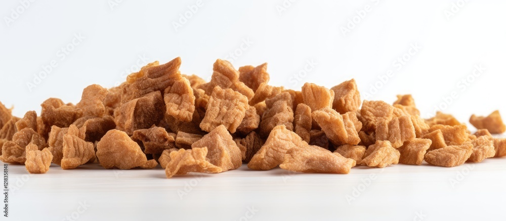 Aufkleber Raw dehydrated soy meat chunks in a scattered arrangement on a white wooden surface with ample negative space for text addition and marketing use.