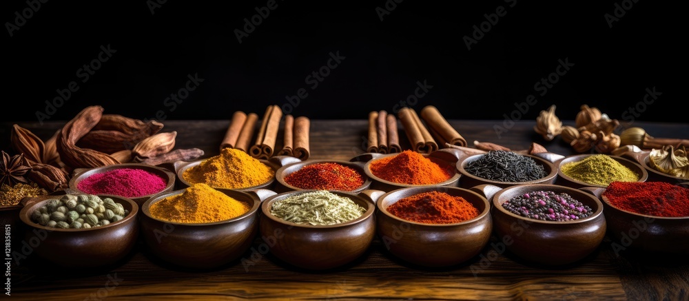 Poster beautiful assortment of vibrant spices in wooden bowls arranged in a row with dark background showca