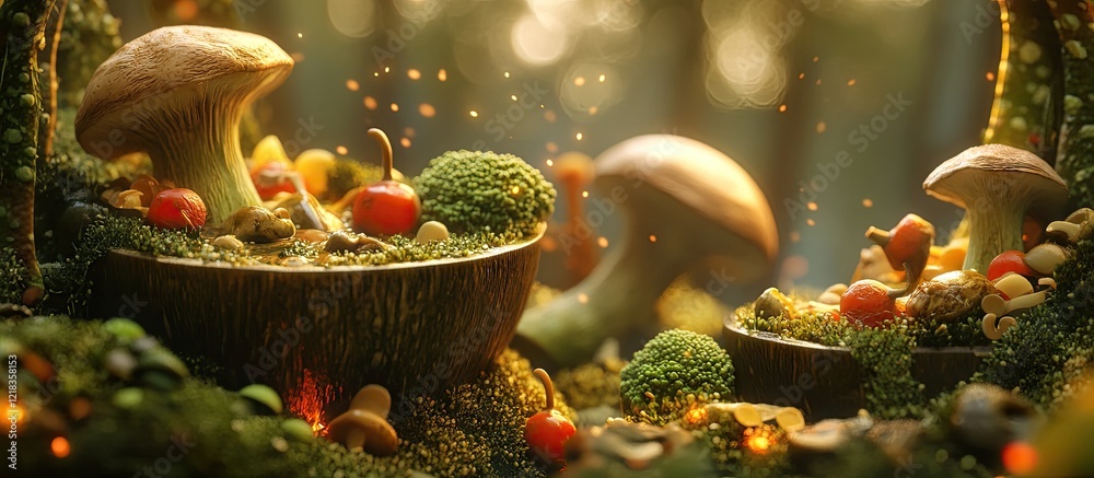 Poster vibrant forest scene with green broccoli and mushrooms in wooden bowls surrounded by moss and colorf