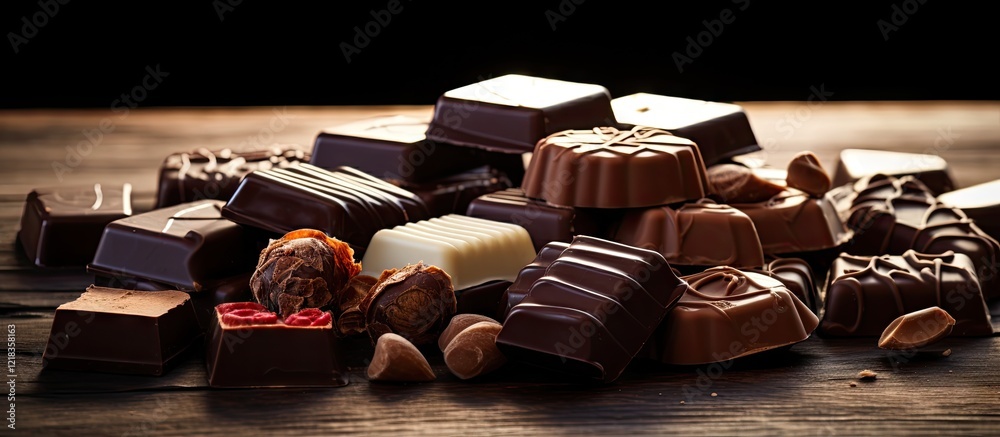 Poster Rich assortment of chocolates arranged artistically on a rustic wooden surface illuminated by soft natural light creating ample copy space
