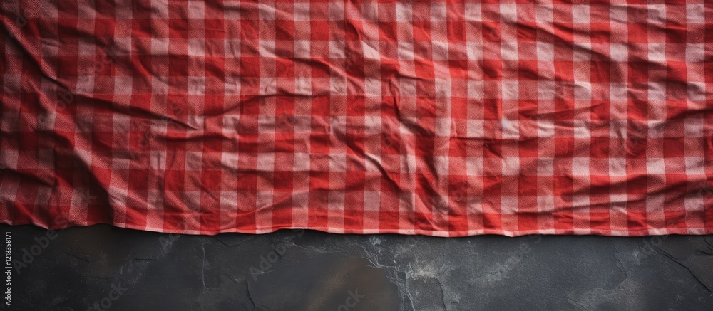 Aufkleber red checkered tablecloth draped on dark stone surface creating contrast with top view layout highlig