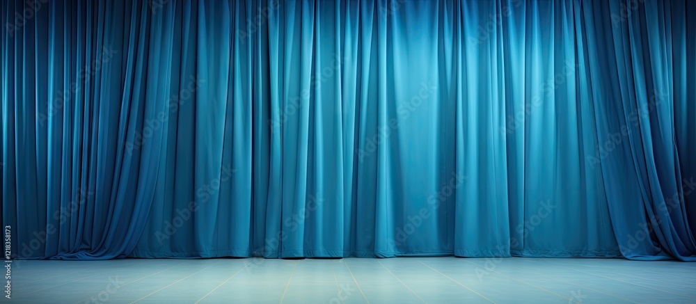 Aufkleber Blue curtain backdrop with elegant drapes, rich tones filling the frame, creating a spacious area for text display in the lower section.
