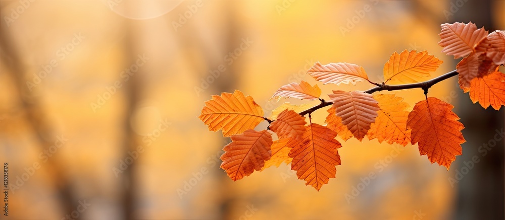 Poster Intricate orange leaves on a slender branch against a softly blurred warm autumn backdrop with ample copy space on the right side
