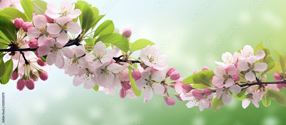 Aufkleber Delicate spring blossoms on vibrant green branches with soft pink and white flowers creating a serene natural backdrop in blurred light.