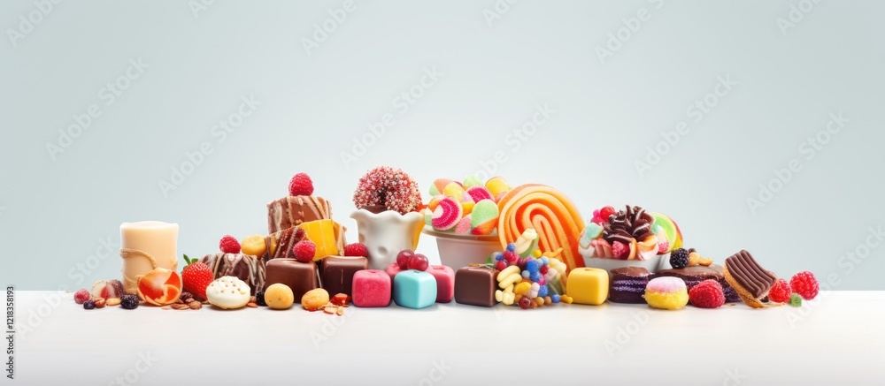 Poster Colorful assortment of assorted confectionery including chocolates and candies arranged on a light pastel background with ample copy space.