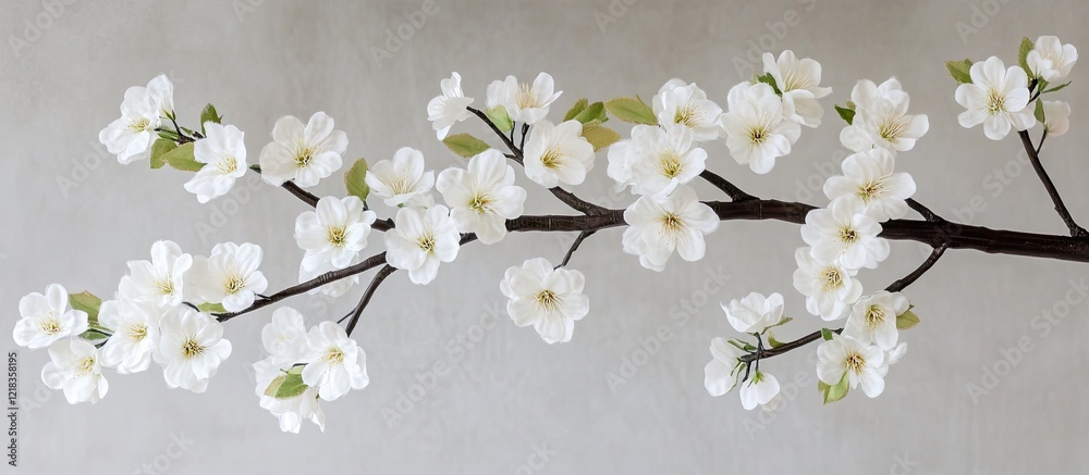 Poster Delicate white cherry blossom branch with green leaves on a soft grey background creating a serene and tranquil atmosphere in the composition.