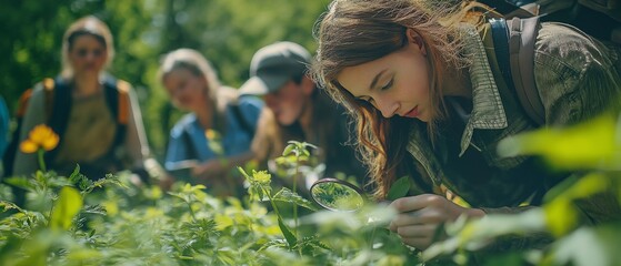 During biology field teaching, young pupils see wild plants under a magnifying glass while learning about nature and the forest ecology.