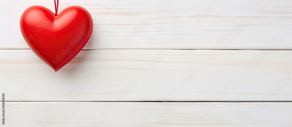 Poster Red toy heart hanging centrally in the frame against a soft white wooden background providing ample copy space on the right side for text.