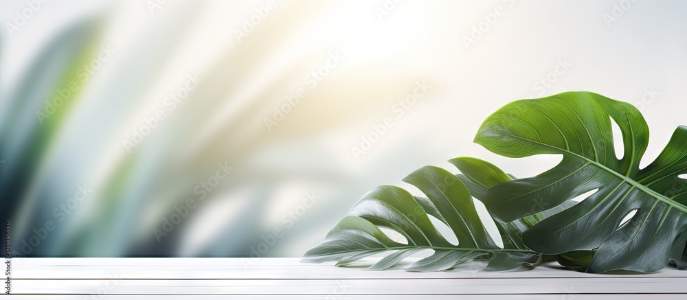 Leinwandbilder light and airy background featuring a white wooden surface with blurred green leaves on the left sid