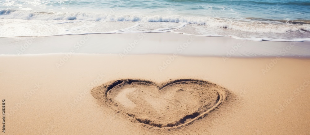 Aufkleber Heart-shaped sand drawing on a sandy beach with a calming blue ocean in the background viewed from above, ample space for text above and below.