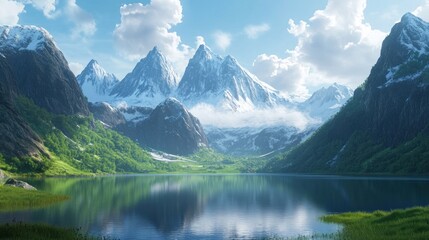 Fototapeta premium Serene mountain lake, snow-capped peaks, lush valley, calm water, travel poster