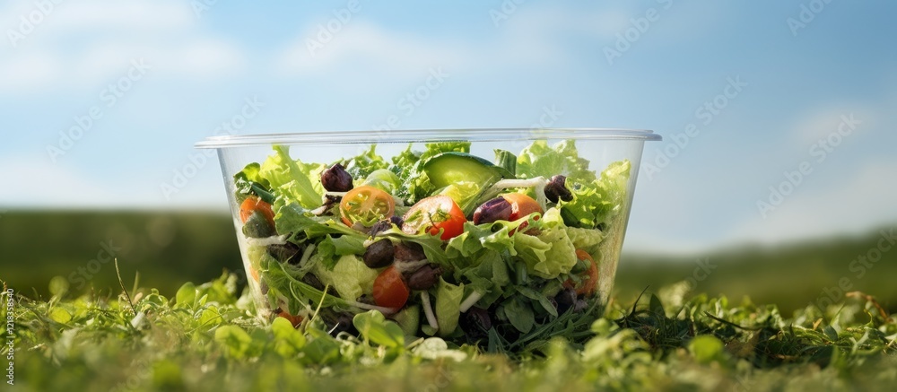 Poster fresh crisp salad in a transparent container positioned centrally with green grass background under 