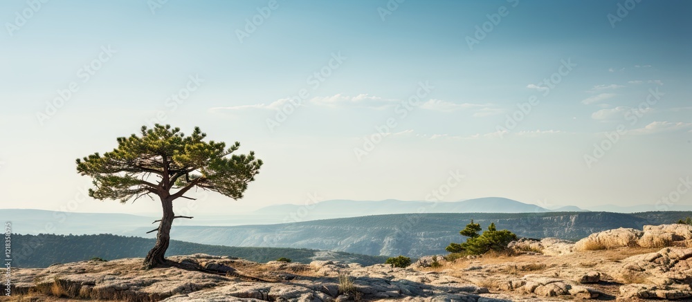 Aufkleber a solitary pine tree perched on a large rock in a vast landscape with soft blue sky and mountains in