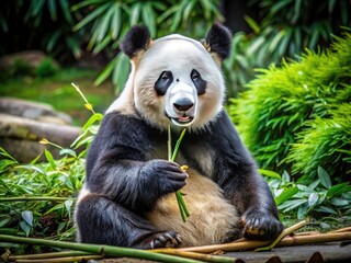 Obraz premium Black and white drone photo: adorable giant panda, relaxed, enjoying a bamboo feast.