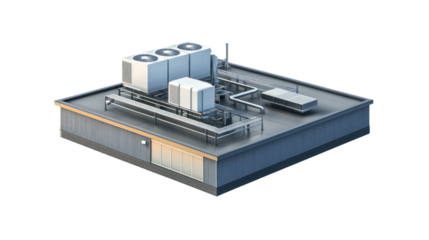Industrial rooftop equipment featuring water cooling units and ventilation systems on a flat roof, isolated on a white background.