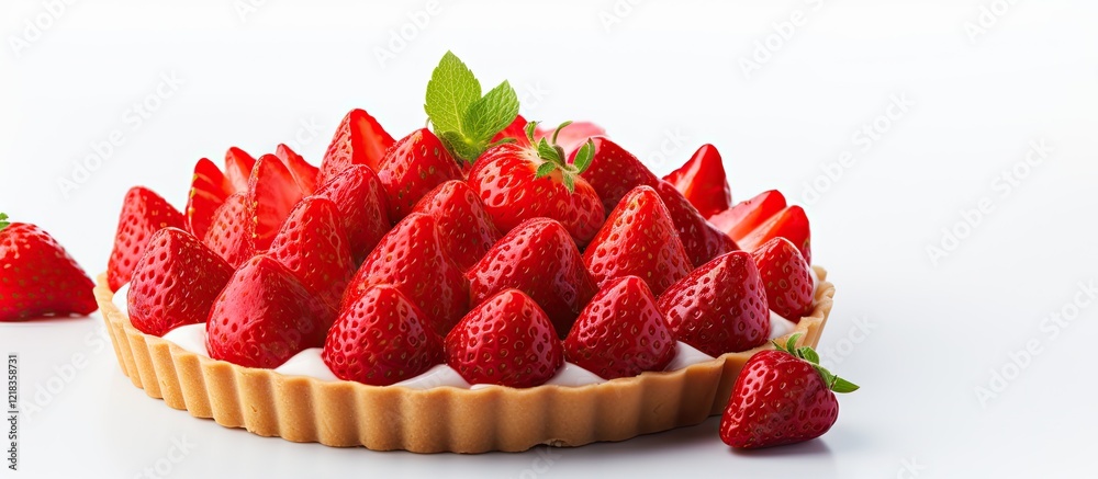 Poster strawberry tart with vibrant red strawberries on a light beige crust, centered against a clean white