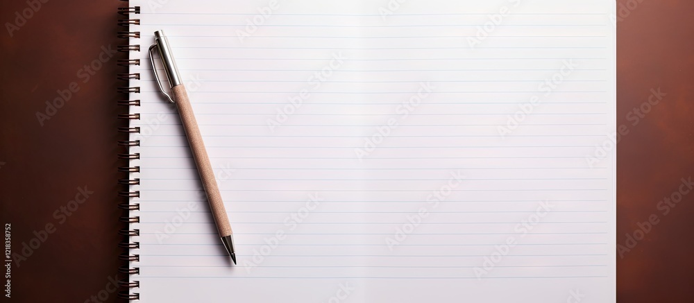 Poster blank lined notebook page on a wooden surface with a black pen positioned diagonally at the bottom l