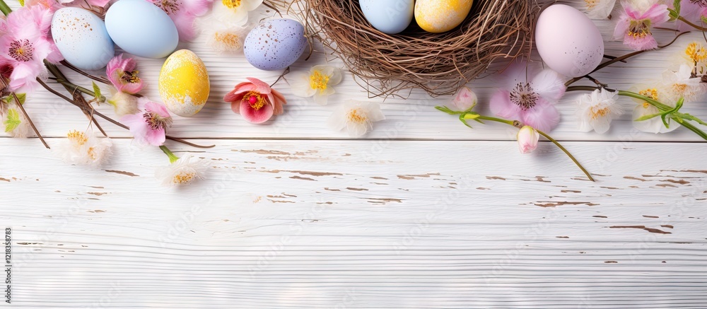Poster easter themed greeting card layout featuring pastel colored eggs in a bird nest with spring flowers 