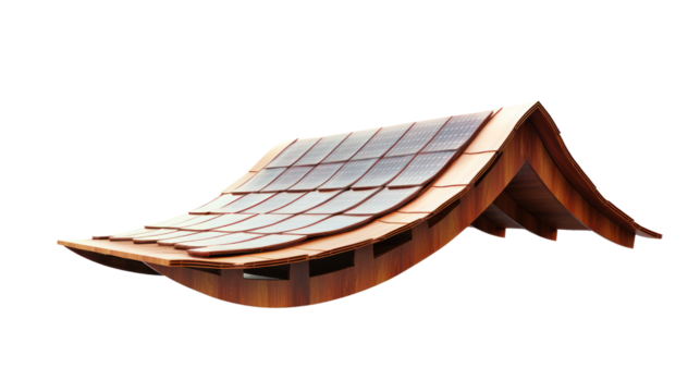 Innovative solar panel roof design featuring a unique curved shape and sustainable materials against a white isolated background.