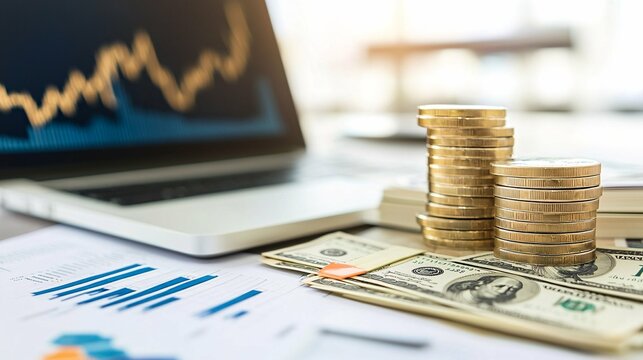 A structured workspace showcasing a laptop with financial graphs, a notepad of strategies, and cash, perfect for professionals pursuing financial education and success.