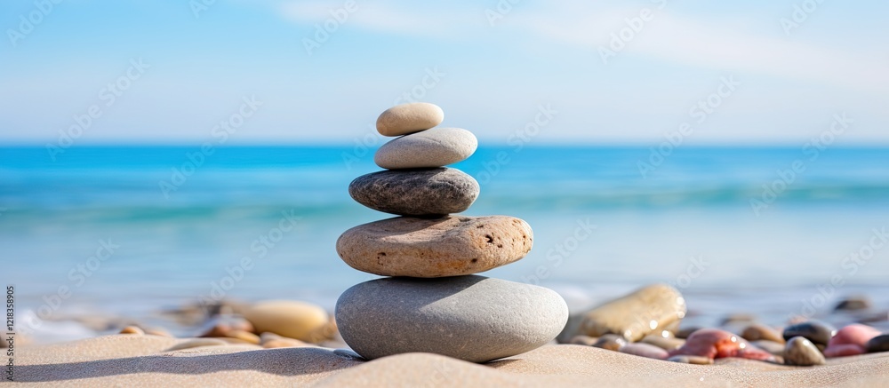 Poster serene stacked stones on sandy beach with calm turquoise ocean in background soft blue sky highlight