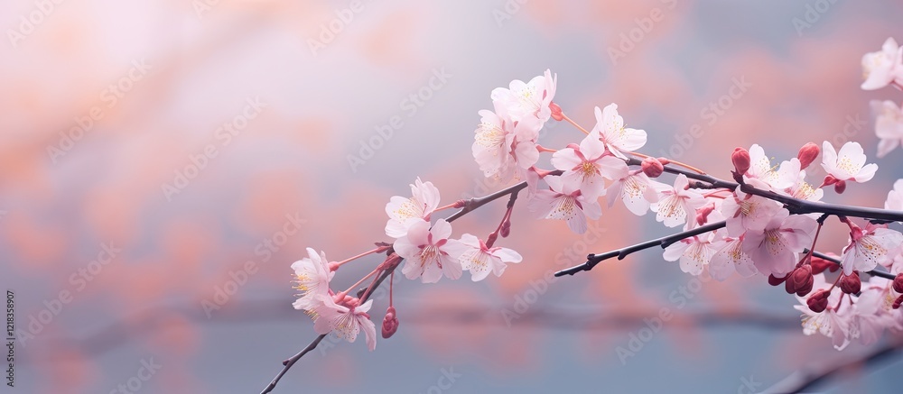 Poster delicate cherry blossom branches in soft pink hues against a dreamy pastel background, creating an i