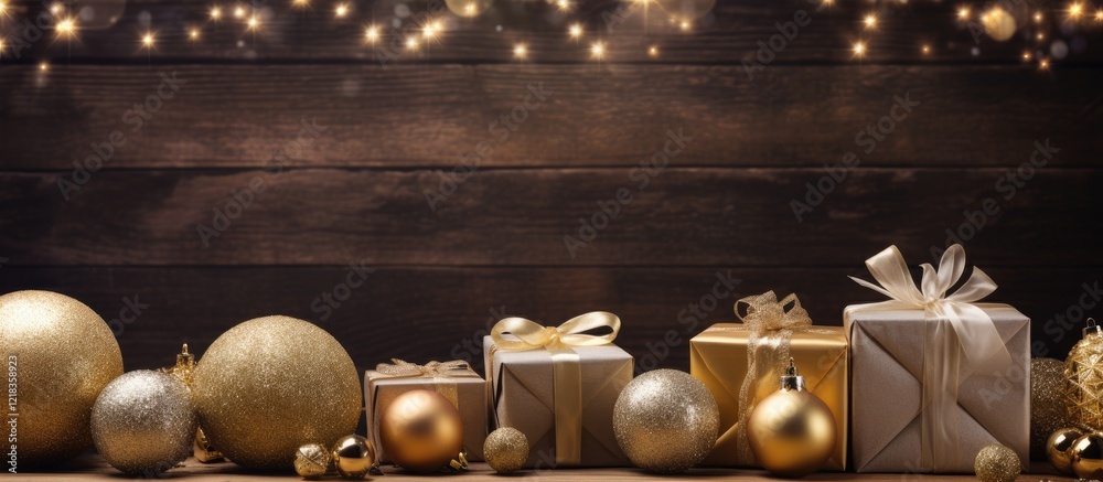 Poster festive holiday scene with golden gift boxes and ornaments on a rustic wooden background sparkling f
