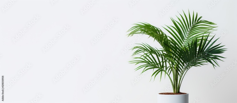Aufkleber lone vibrant green palm tree in a sleek white pot positioned on the right against a clean white back