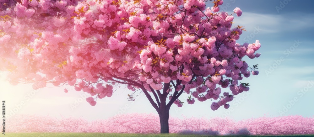 Aufkleber cherry blossom tree in full bloom under a bright blue sky with soft pink petals creating a serene sp