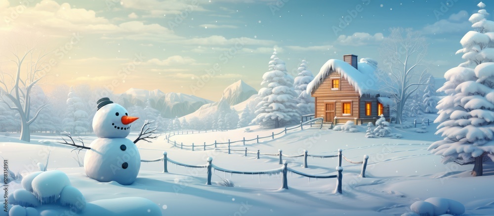 Poster Winter festive scene featuring a cheerful snowman on the left transporting a Christmas tree with a cozy home and snowy forest in the background.